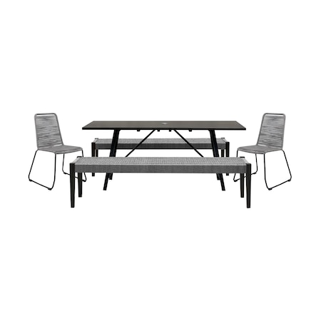Armen Living Koala Shasta and Camino 5 Piece Outdoor Dining Set in Dark Eucalyptus Wood with Gray Rope 840254333833